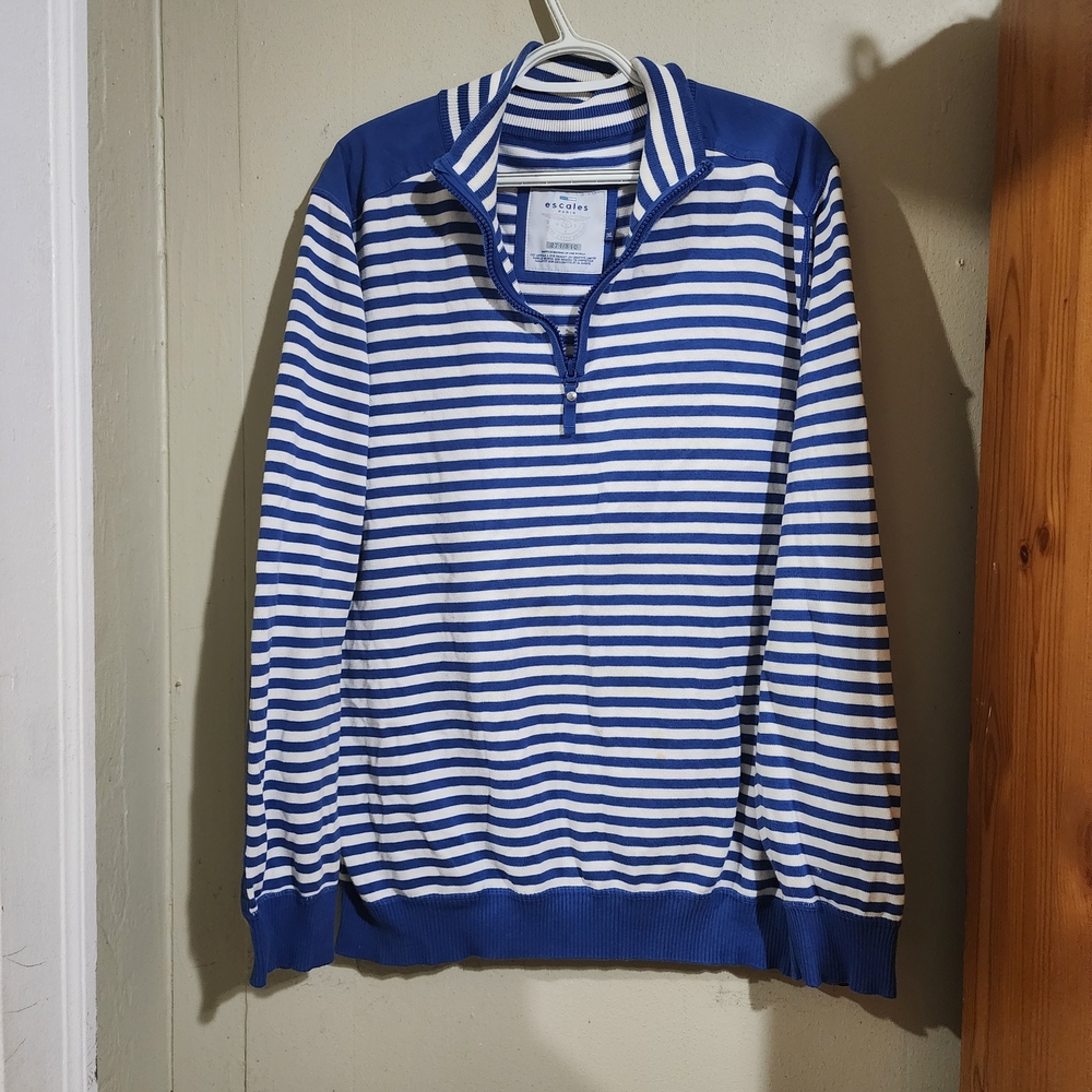 Stylish Blue and White Striped Zip-Up Jacket Escales Paris Size 3XL
